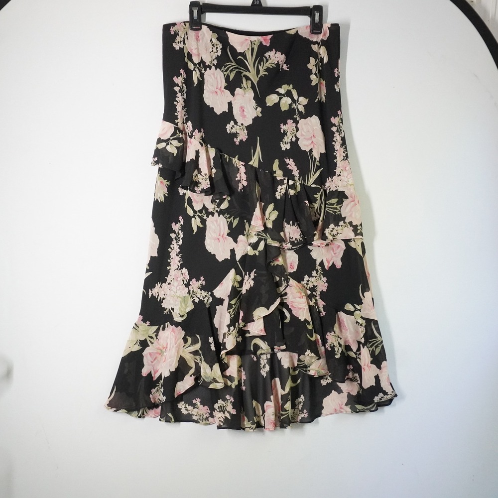 VTG Chaps‎ Women's Floral Tiered Ruffle Skirt Midi Black Pink Romantic Size 12